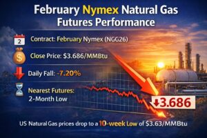 February Nymex Natural Gas Futures performance showing bearish trend with price falling to $3.686/MMBtu and 2-month low