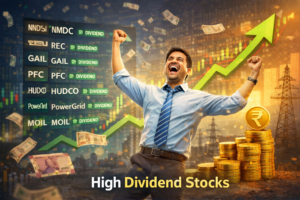High dividend stocks se paisa kama kar khush investor, background mein stock market growth chart aur dividend earning concept